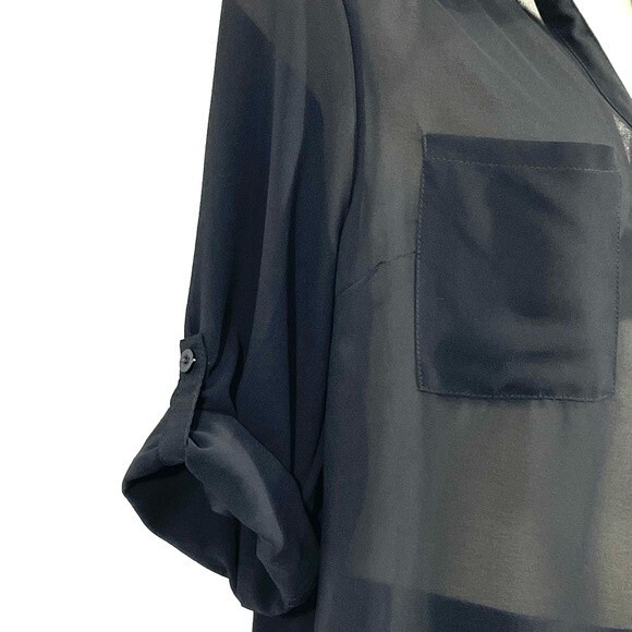 New Sheer Black Split Neck Breast Pocket Blouse - Picture 5 of 10